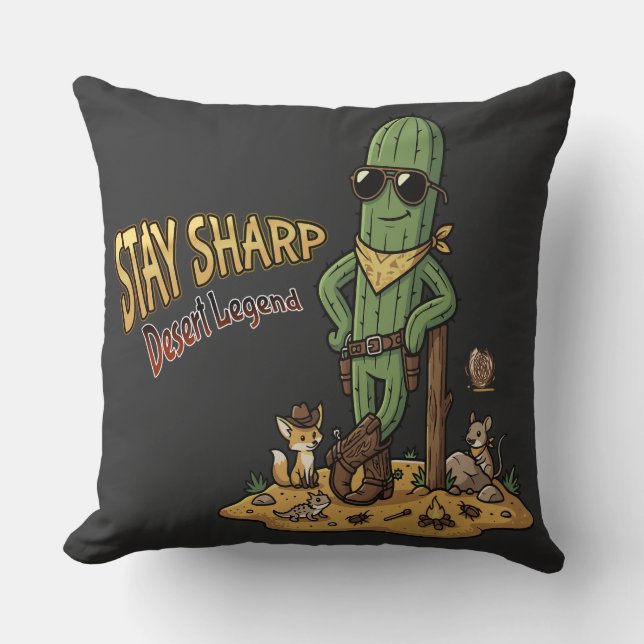 Stay Sharp Desert Legend Cowboy Cactus Illustratio Throw Pillow (Front)