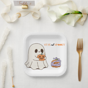 Stay Spooky Cute Ghost & Pumpkin Halloween Party D Paper Plate