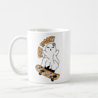 "Stay Spooky" Ghost on a Skateboard – Cool Orange Coffee Mug