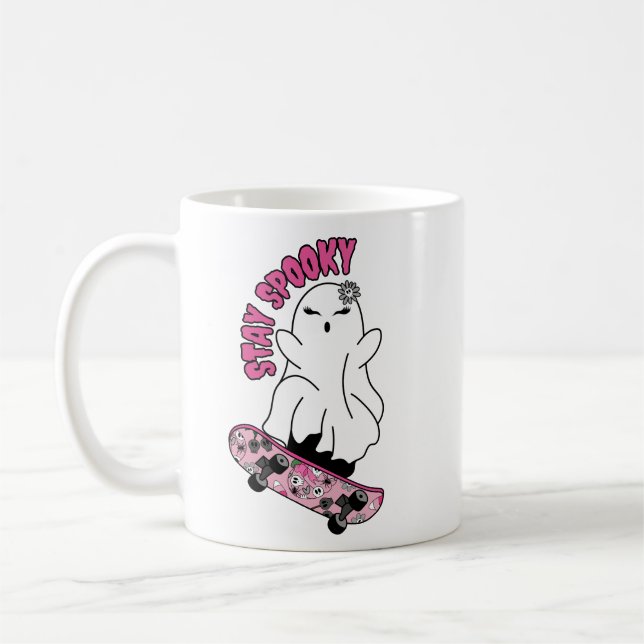 "Stay Spooky" Ghost on a Skateboard – Cool Pink Coffee Mug (Left)