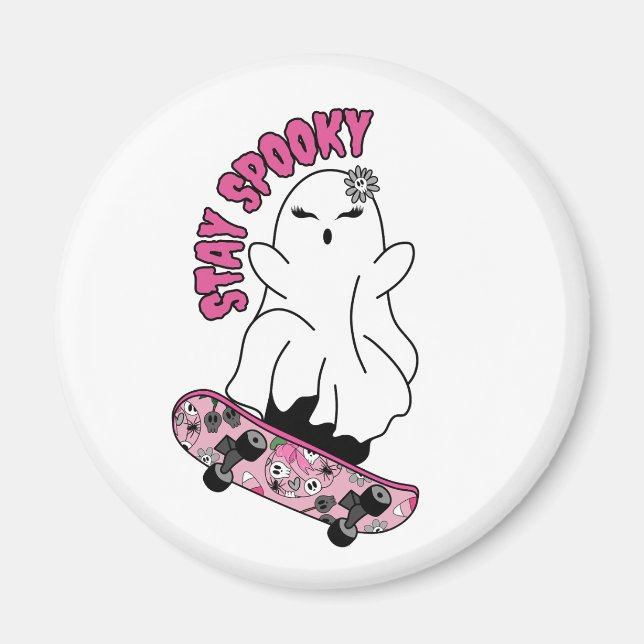 "Stay Spooky" Ghost on a Skateboard – Cool Pink Magnet (Front)