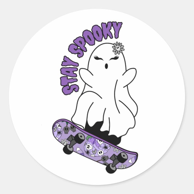 "Stay Spooky" Ghost on a Skateboard – Cool Purple Classic Round Sticker (Front)