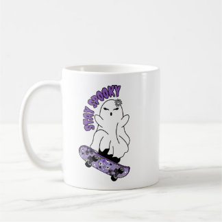 "Stay Spooky" Ghost on a Skateboard – Cool Purple Coffee Mug