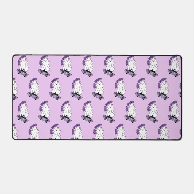 "Stay Spooky" Ghost on a Skateboard – Cool Purple Desk Mat (Front)