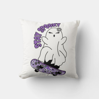 "Stay Spooky" Ghost on a Skateboard – Cool Purple Throw Pillow