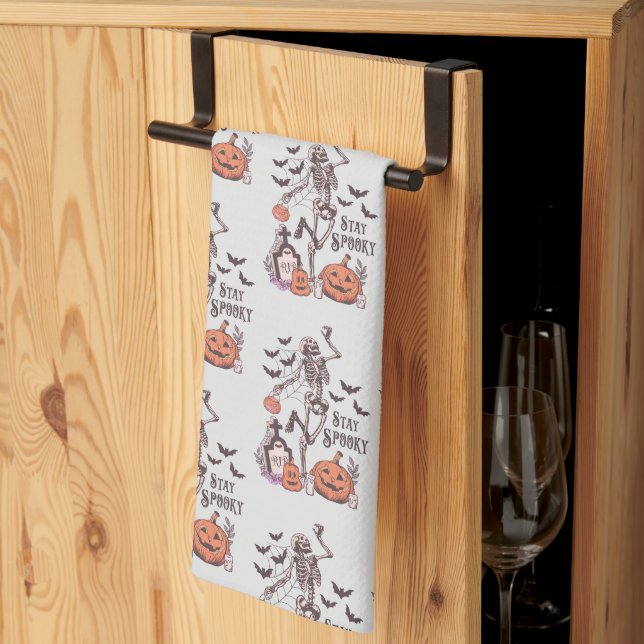 Stay Spooky Graveyard Skeleton Grey Halloween Kitchen Towel (Thirds Fold)