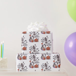 Stay Spooky Graveyard Skeleton White Halloween Wrapping Paper