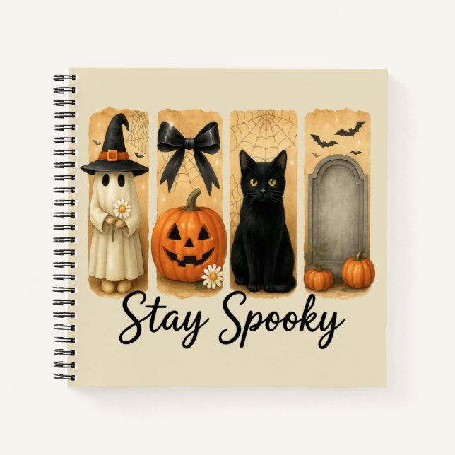 "Stay Spooky" Halloween Brush Stroke Cat Notebook (Front)