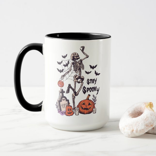 Stay Spooky Halloween Skeleton Spider Bat Pumpkin  Mug (With Donut)