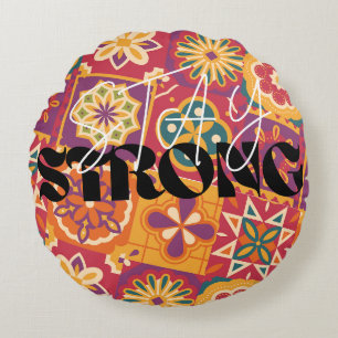 stay strong, retro 70s, floral patchwork, boho aes round pillow