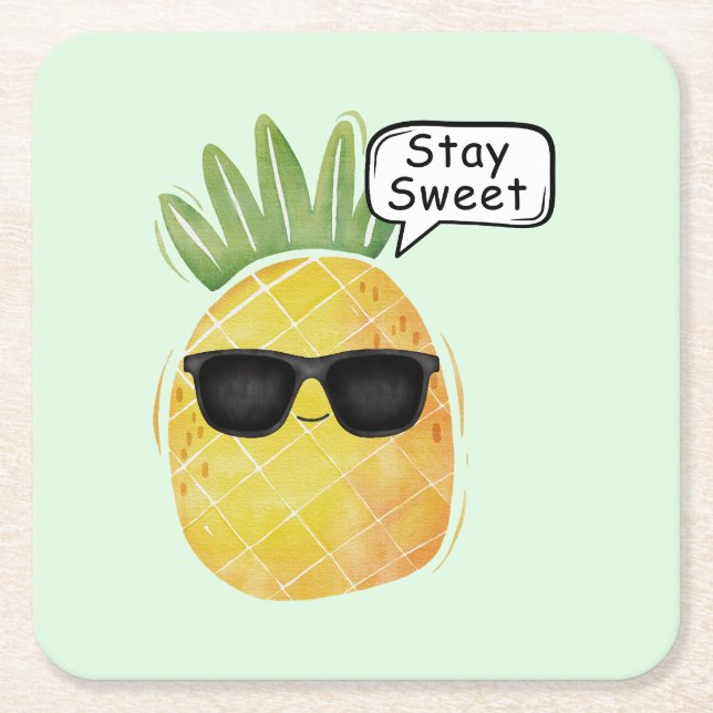 Stay Sweet Pineapple Cartoon Fun Square Paper Coaster (Front)