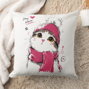 Stay Warm Cute Cat with Winter Beanie & Scarf Throw Pillow