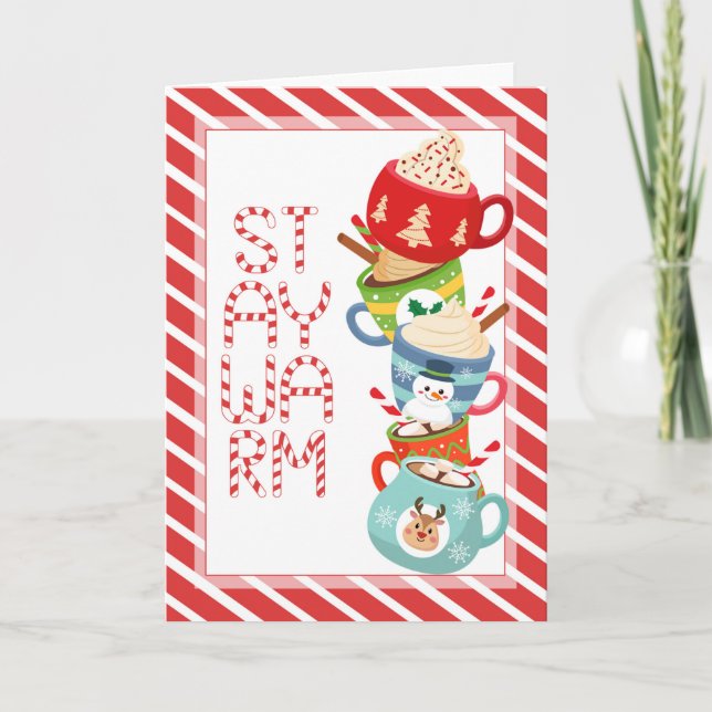 Stay Warm with Hot Cocoa Mugs Holiday Card (Front)