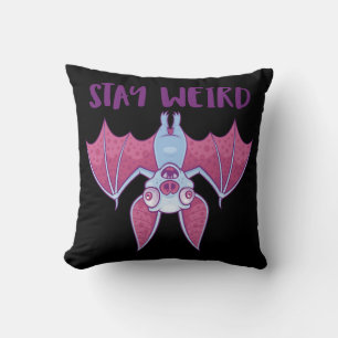 Stay Weird Quirky Albino Vampire Bat Cartoon Throw Pillow