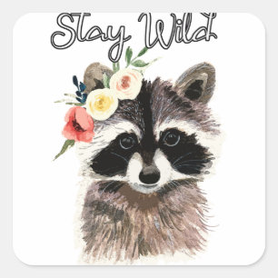 Stay Wild - Cute Raccoon Wearing Flower Crown Square Sticker