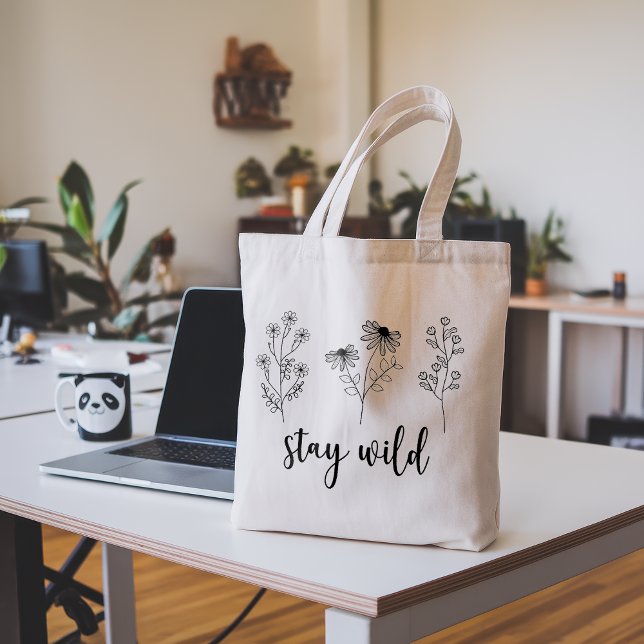 Stay Wild Floral Boho Line Art Large Tote Bag (Creator Uploaded)