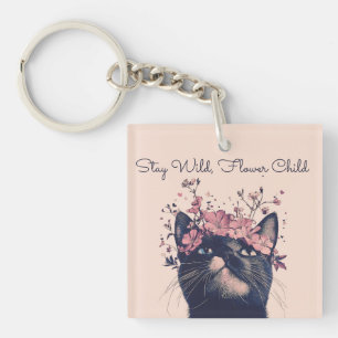 Stay Wild, Flower Child Cat Floral Boho Keychain