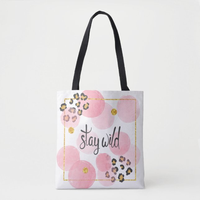 Stay wild, leopard print, pink circles tote bag (Front)