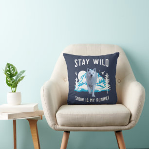 Stay Wild Snow Is My Runway Wolf Art Throw Pillow