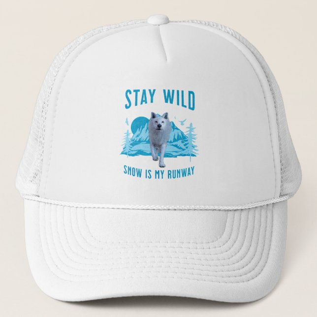 Stay Wild White Wolf Snow Runway Trucker Hat (Front)
