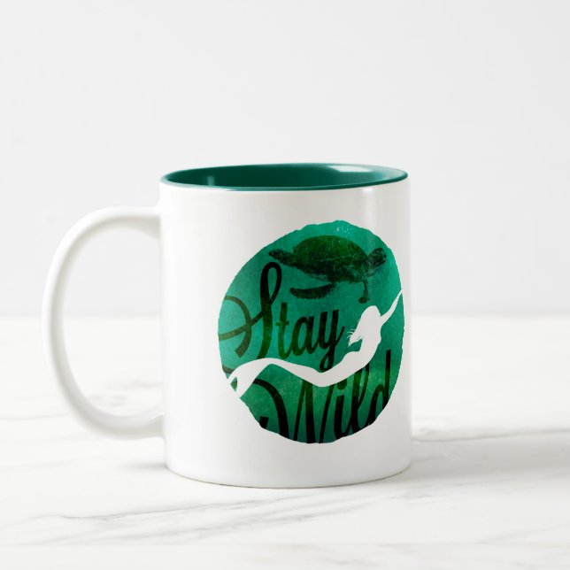 “Stay Wild” with Mermaid and Sea Turtle Two-Tone Coffee Mug (Left)