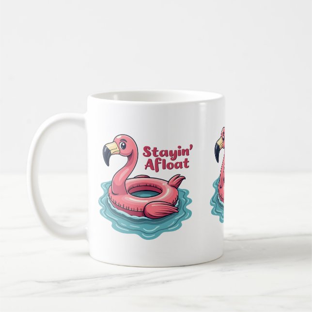 Stayin’ Afloat Funny Flamingo Pool Float Retro Coffee Mug (Left)