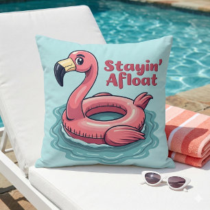 Stayin’ Afloat Funny Flamingo Pool Float Retro Throw Pillow