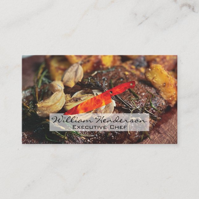 Steak and Mushrooms | Fire Knife Logo Business Card (Front)