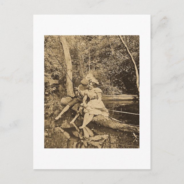 Stealing a Kiss Vintage Fishing Lovers Postcard (Front)