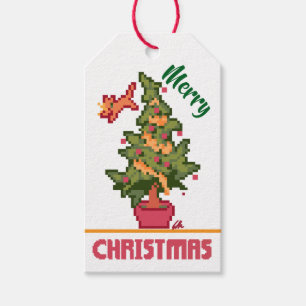stealing cat, tree, Pixel Art, Merry Christmas  Gift Tags