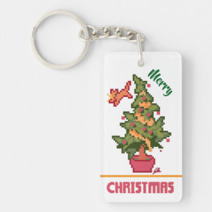 stealing cat, tree, Pixel Art, Merry Christmas  Keychain