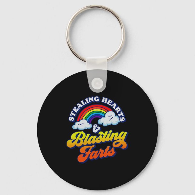 Stealing Hearts &amp; Blasting Farts Funny Rainbow Keychain (Front)