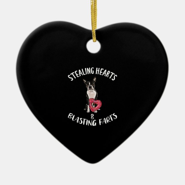Stealing Hearts Blasting Farts Boston Terrier Ceramic Ornament (Front)
