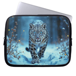 Stealthy winter feline glowing eyes frozen world laptop sleeve