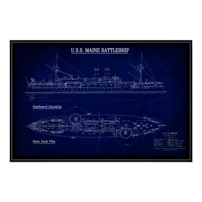Steam Battleship USS MAINE Blueprint 1894 Poster (Front)