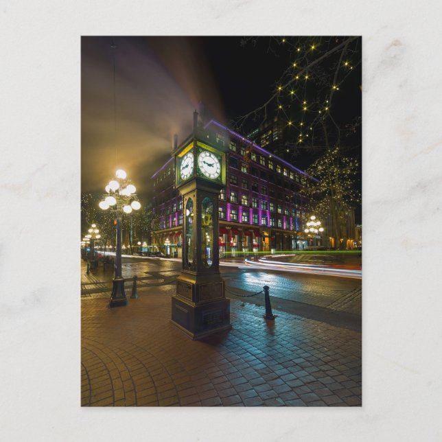 Steam Clock in Gastown Vancouver BC at Night Postcard (Front)