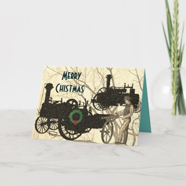 Steam Engine Farm Tractor Traction Farming Antique Holiday Card (Front)
