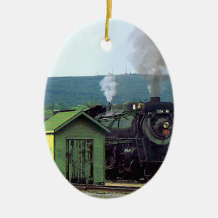 Steam Locomotive Coming into Train Yard Ceramic Ornament