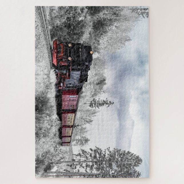 Steam Locomotive Train Travelling Through the Snow Jigsaw Puzzle (Vertical)