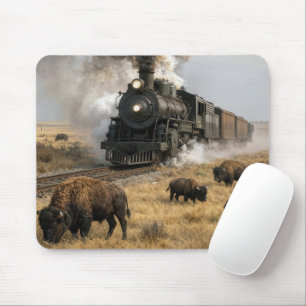 Steam Locomotive with Grazing Buffalo Mouse Pad