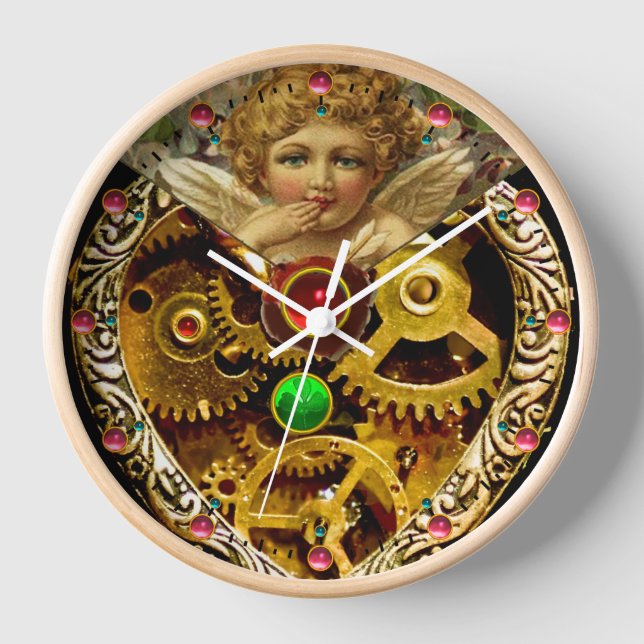 STEAM PUNK ANGEL GEARS ,MECHANISM AND GEMSTONES CLOCK (Front)