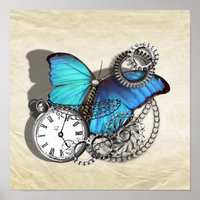 Steam Punk Butterfly Pocket Watch Silver Teal Blue Poster (Front)