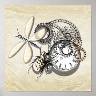 Steam Punk Dragonfly, Beetle. Pocket Watch Silver Poster