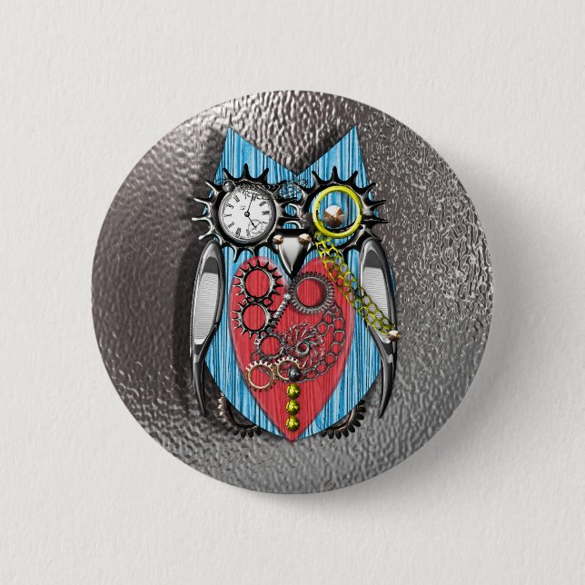 Steam Punk Funny Mechanical Owl  Red Blue 2 Inch Round Button (Front)