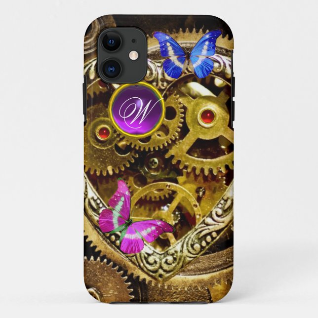 STEAM PUNK GEARS ,GEMSTONES, BUTTERFLIES MONOGRAM Case-Mate iPhone CASE (Back)
