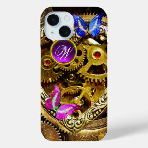 STEAM PUNK GEARS ,GEMSTONES, BUTTERFLIES MONOGRAM iPhone 15 CASE