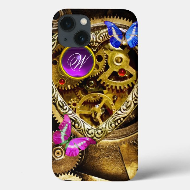 STEAM PUNK GEARS ,GEMSTONES, BUTTERFLIES MONOGRAM Case-Mate iPhone CASE (Back)