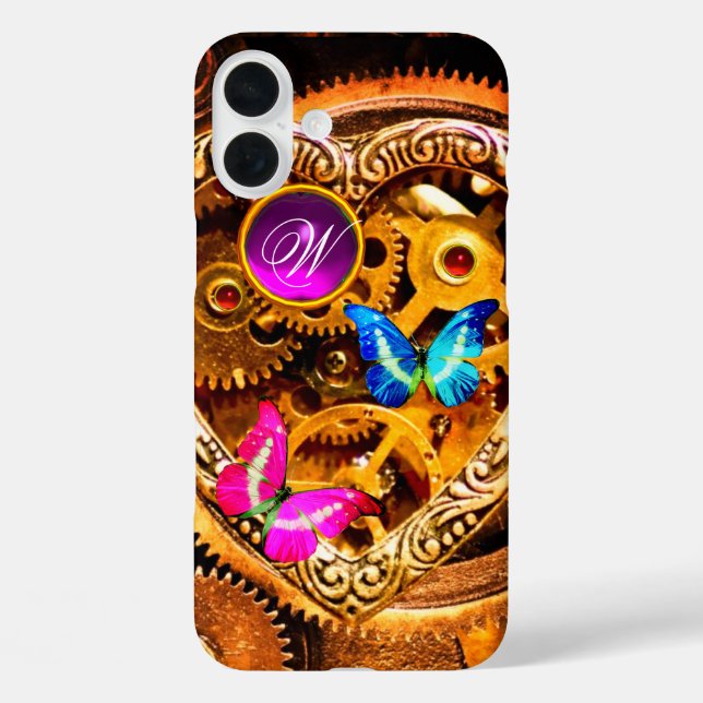 STEAM PUNK GEARS ,GEMSTONES, BUTTERFLIES MONOGRAM Case-Mate iPhone CASE (Back)