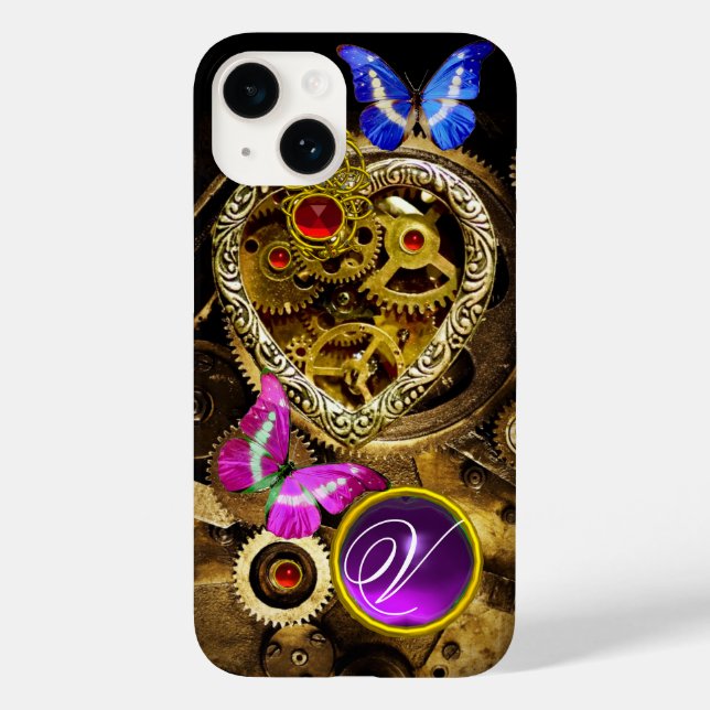 STEAM PUNK HEART,GEARS,GEMS,BUTTERFLIES MONOGRAM Case-Mate iPhone CASE (Back)