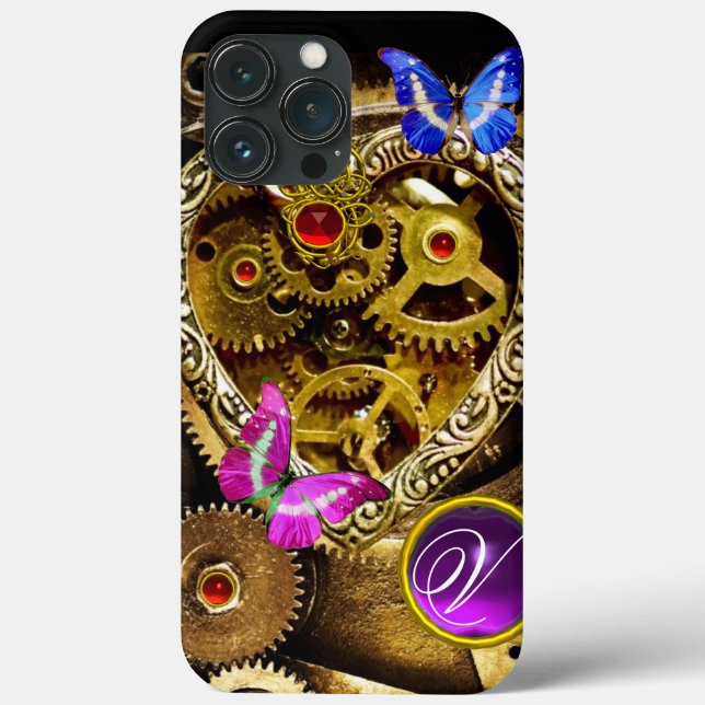 STEAM PUNK HEART,GEARS,GEMS,BUTTERFLIES MONOGRAM Case-Mate iPhone CASE (Back)